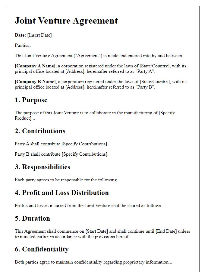 Letter template of product manufacturing joint venture agreement