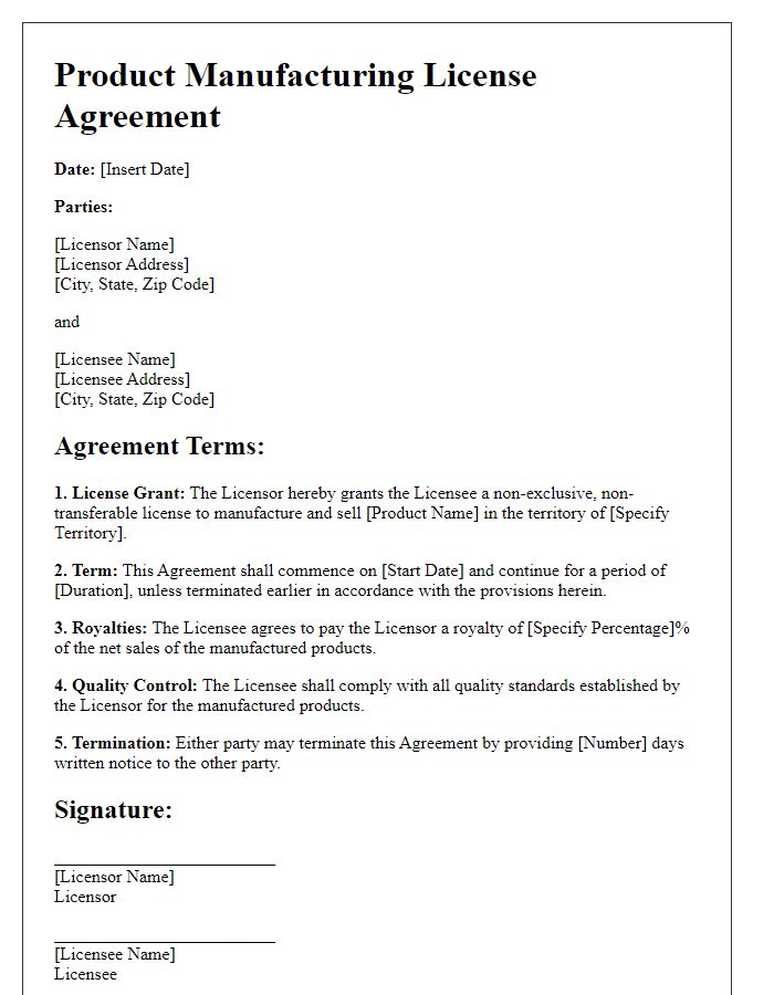 Letter template of product manufacturing license agreement