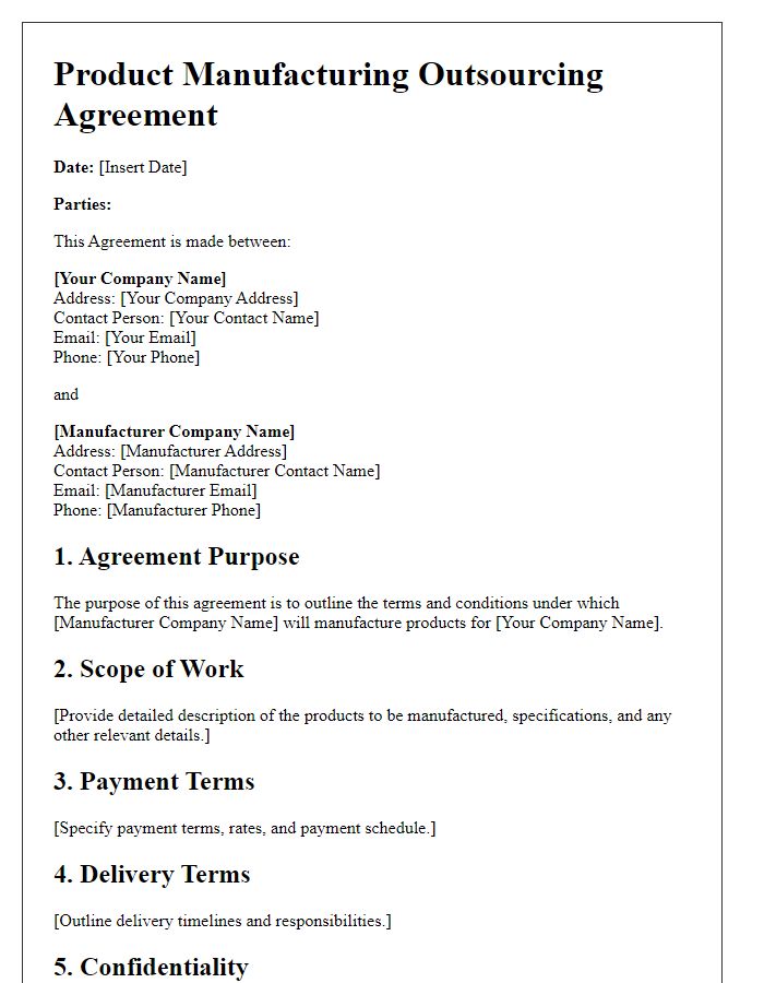 Letter template of product manufacturing outsourcing agreement