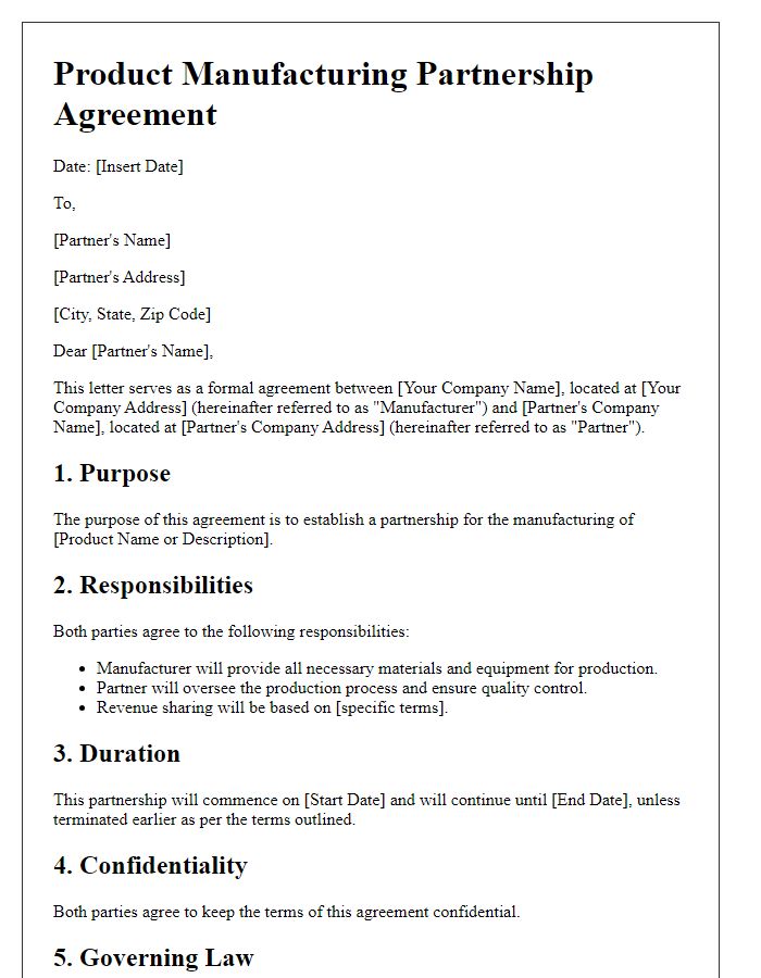 Letter template of product manufacturing partnership agreement