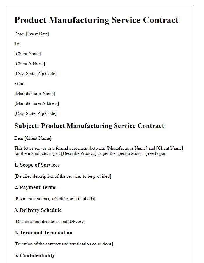 Letter template of product manufacturing service contract