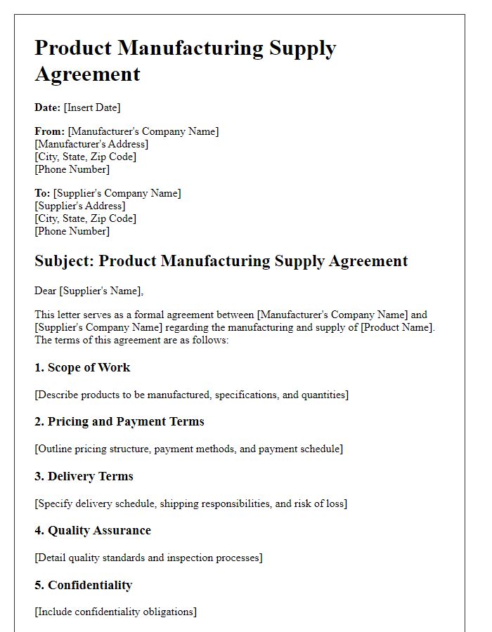 Letter template of product manufacturing supply agreement