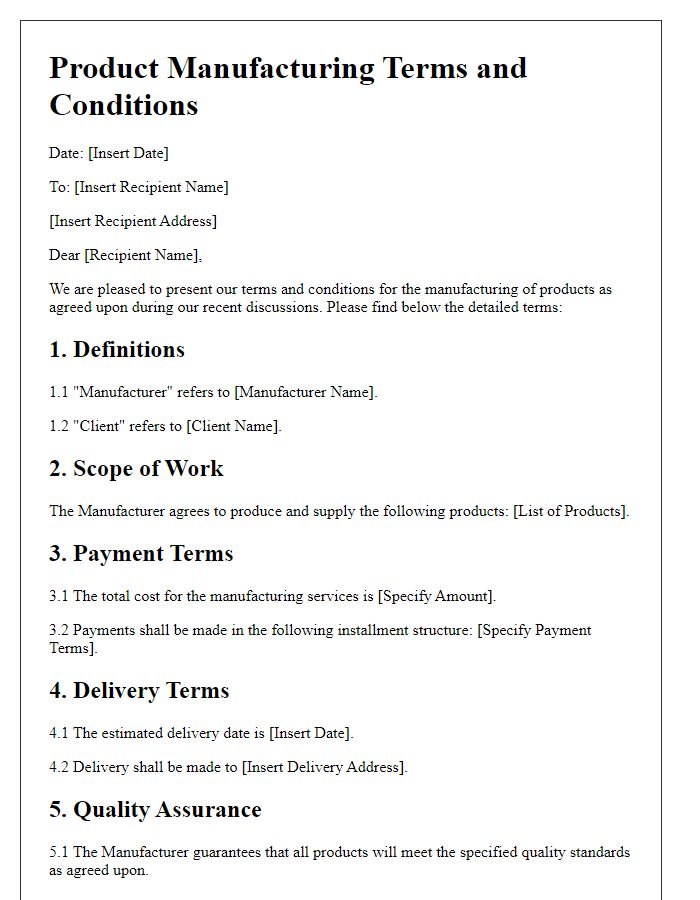 Letter template of product manufacturing terms and conditions