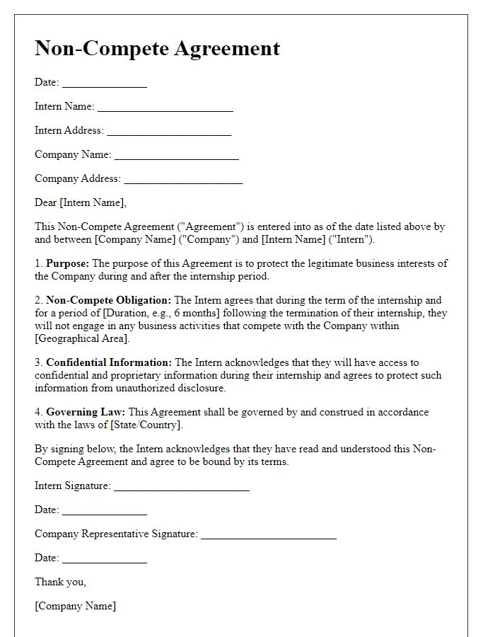 Letter template of Non-Compete Agreement for Interns