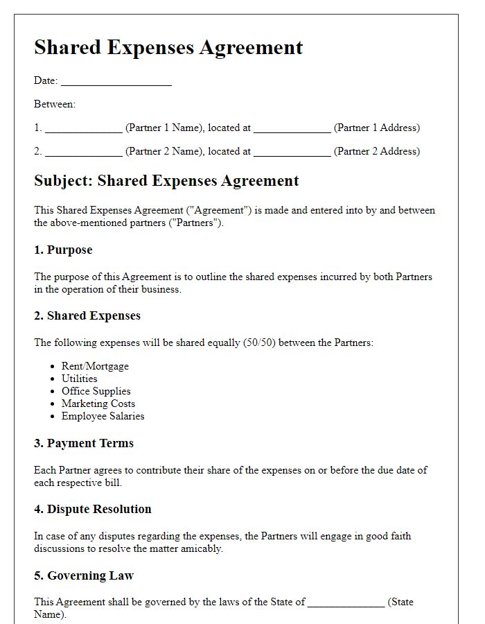 Letter template of Shared Expenses Agreement for Business Partners