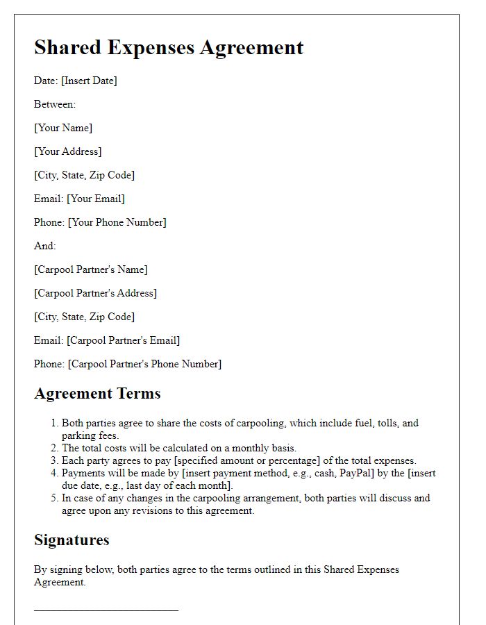 Letter template of Shared Expenses Agreement for Carpooling Costs