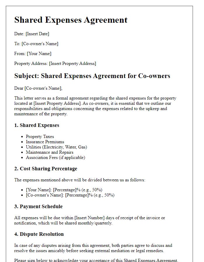 Letter template of Shared Expenses Agreement for Co-owners of Property