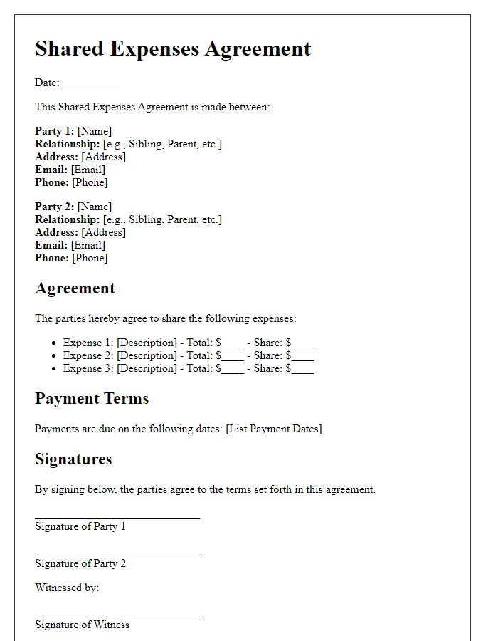 Letter template of Shared Expenses Agreement for Family Members