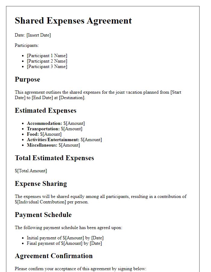 Letter template of Shared Expenses Agreement for Joint Vacation Planning