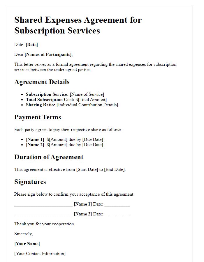 Letter template of Shared Expenses Agreement for Shared Subscription Services