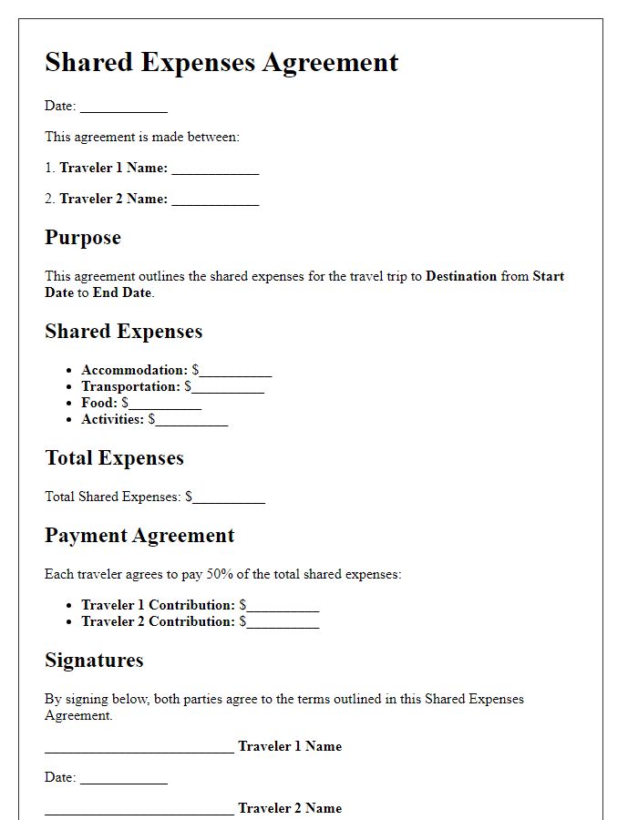 Letter template of Shared Expenses Agreement for Travel Buddies