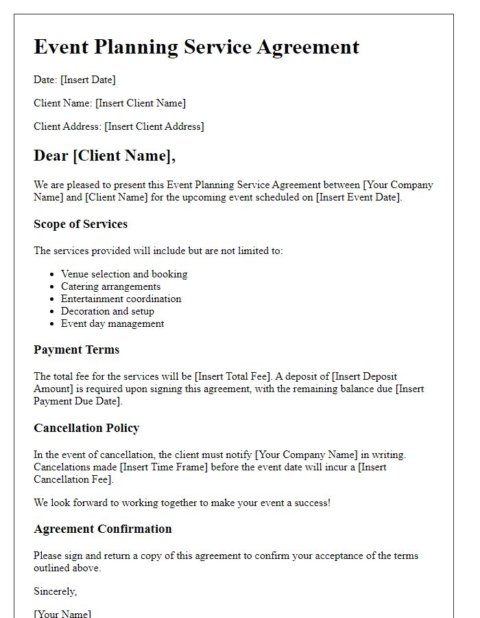 Letter template of event planning service agreement