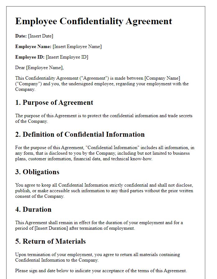 Letter template of employee confidentiality agreement for HR