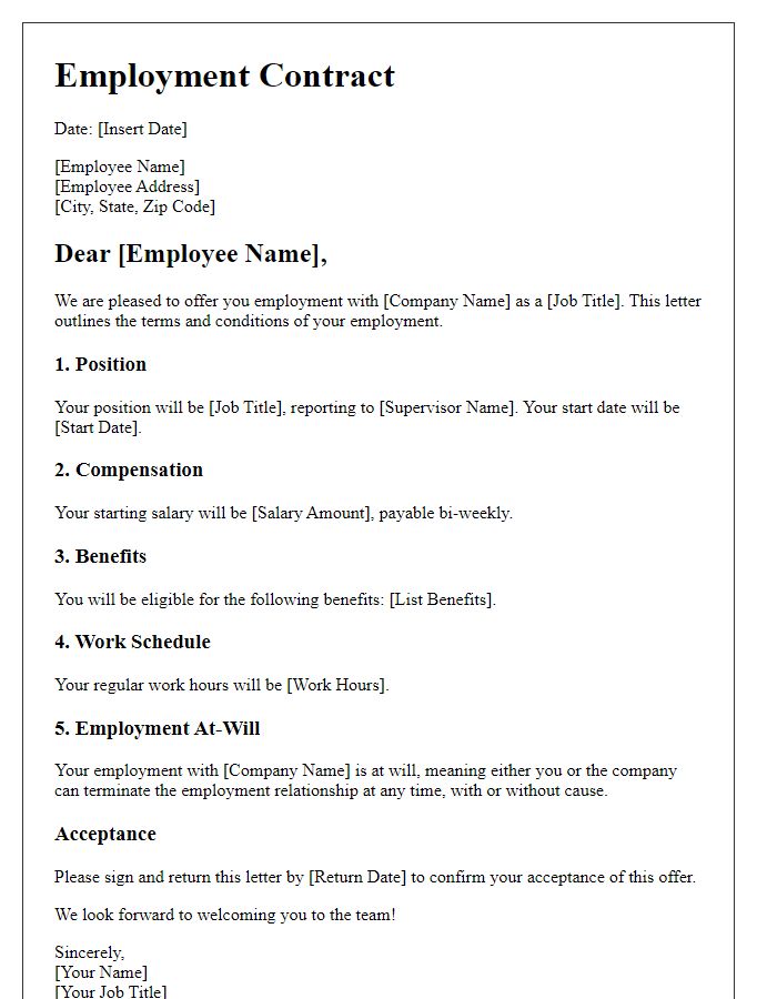 Letter template of HR contract for employee onboarding