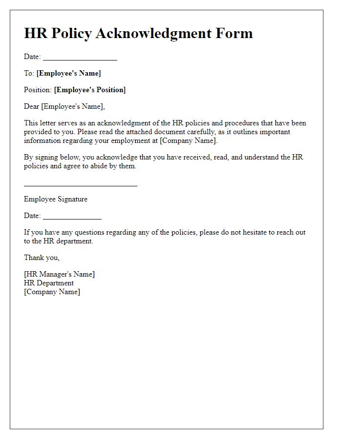 Letter template of HR policy acknowledgment form