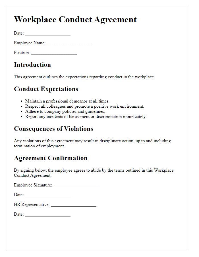 Letter template of workplace conduct agreement for HR