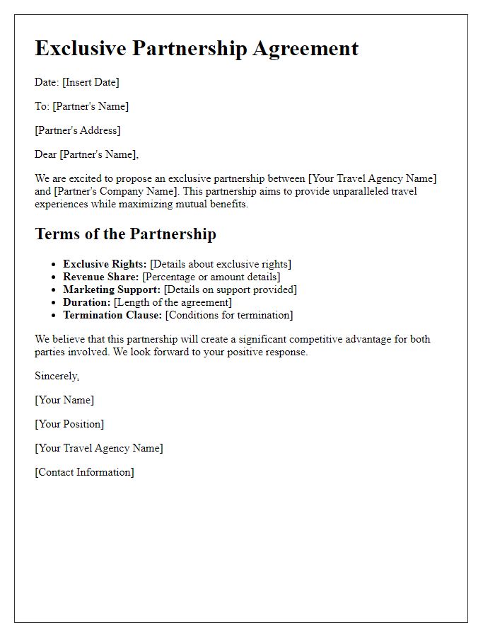 Letter template of travel agency exclusive partnership terms