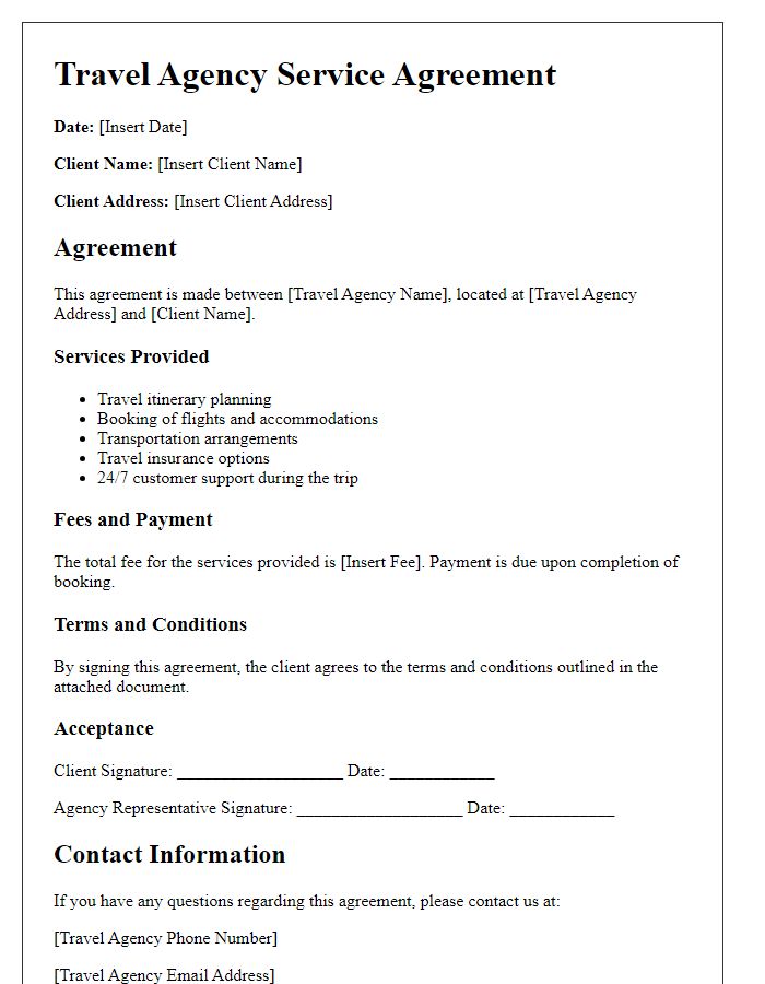 Letter template of travel agency service agreement