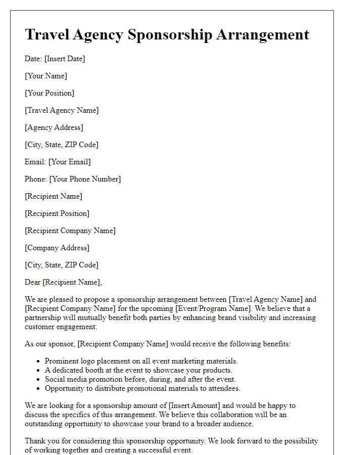 Letter template of travel agency sponsorship arrangement