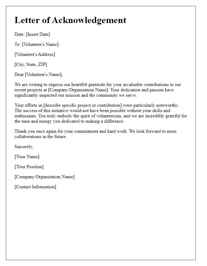 Letter template of acknowledgement for business volunteers' impactful projects.