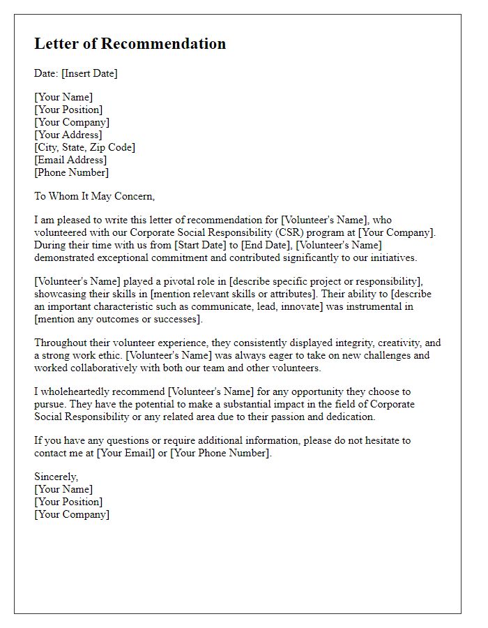 Letter template of recommendation for business volunteers in corporate social responsibility.