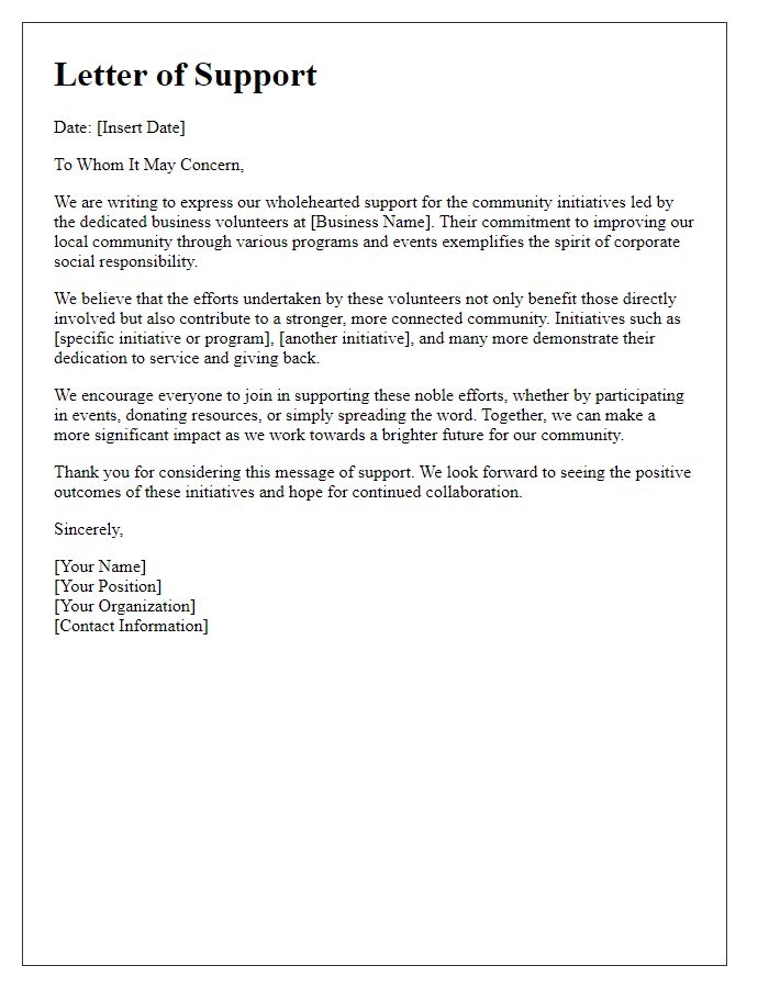 Letter template of support for business volunteers' community initiatives.