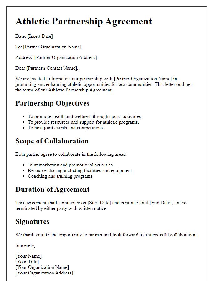 Letter template of Athletic Partnership Agreement