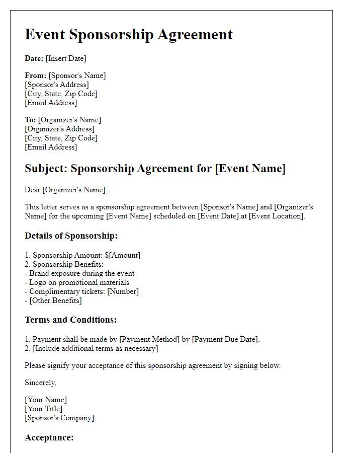 Letter template of Event Sponsorship Agreement for Sporting Events