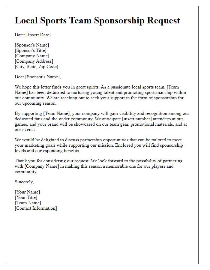 Letter template of Local Sports Team Sponsorship Letter