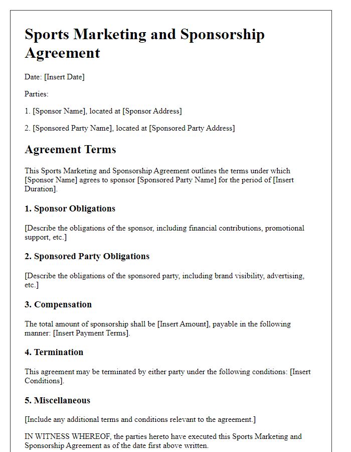 Letter template of Sports Marketing and Sponsorship Agreement