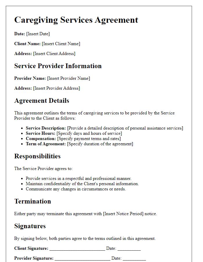 Letter template of caregiving services agreement for personal assistance