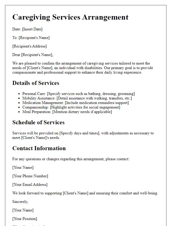 Letter template of caregiving services arrangement for disabled individuals