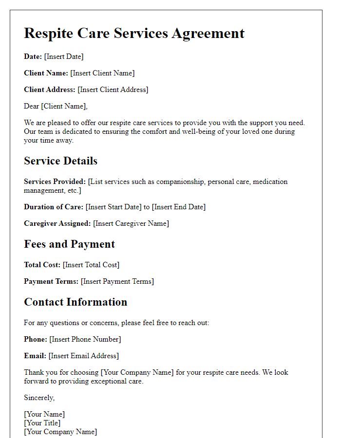 Letter template of caregiving services document for respite care