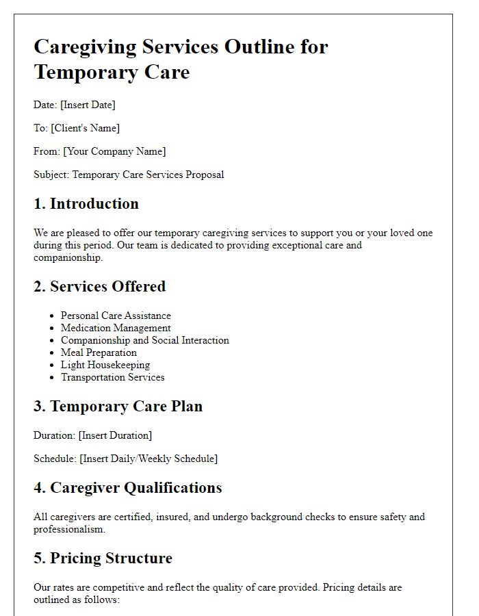 Letter template of caregiving services outline for temporary care