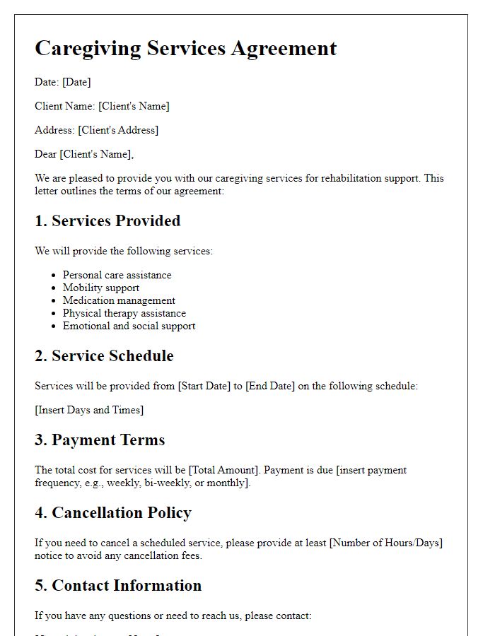 Letter template of caregiving services terms for rehabilitation support