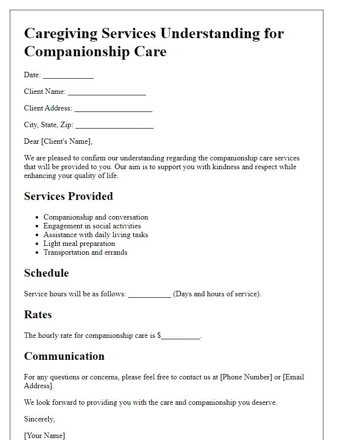 Letter template of caregiving services understanding for companionship care