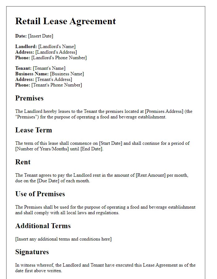 Letter template of retail lease agreement for food and beverage establishment