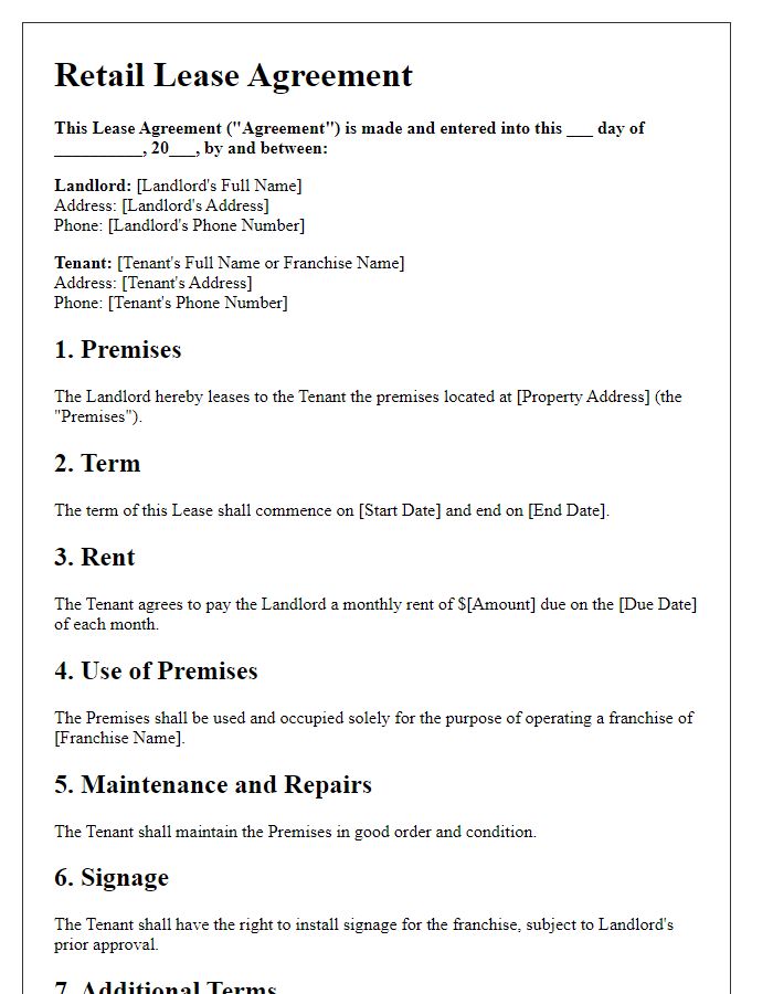 Letter template of retail lease agreement for franchise location