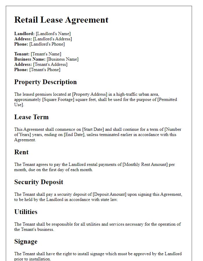 Letter template of retail lease agreement for high-traffic urban area