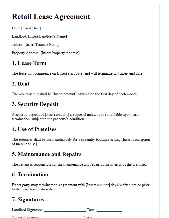 Letter template of retail lease agreement for specialty boutique