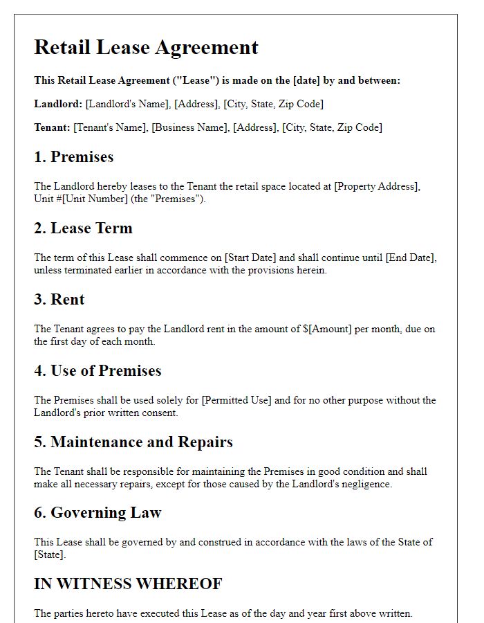 Letter template of retail lease agreement for suburban shopping center