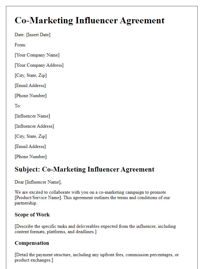 Letter template of co-marketing influencer agreement