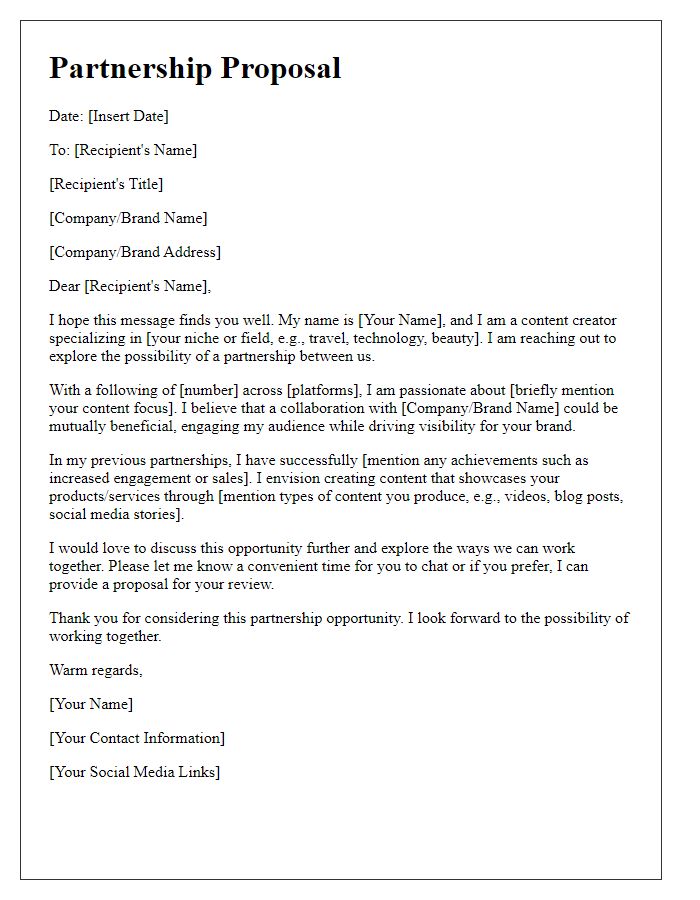 Letter template of content creator partnership