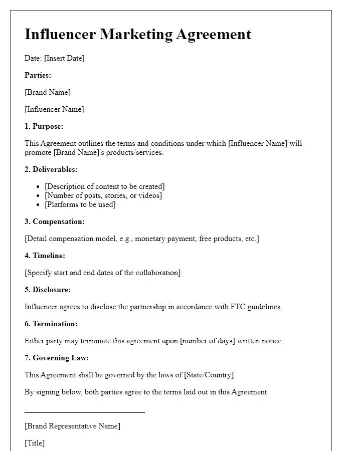 Letter template of influencer marketing agreement