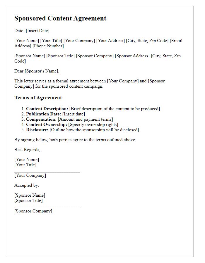 Letter template of sponsored content agreement