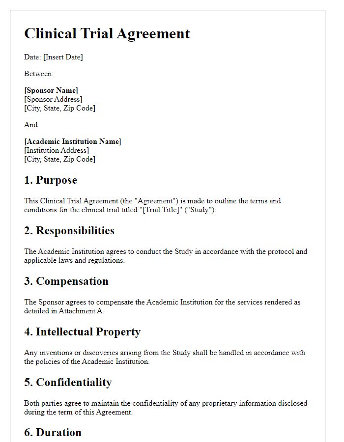 Letter template of clinical trial agreement for academic institutions