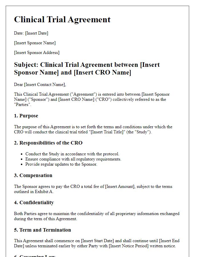 Letter template of clinical trial agreement for contract research organizations