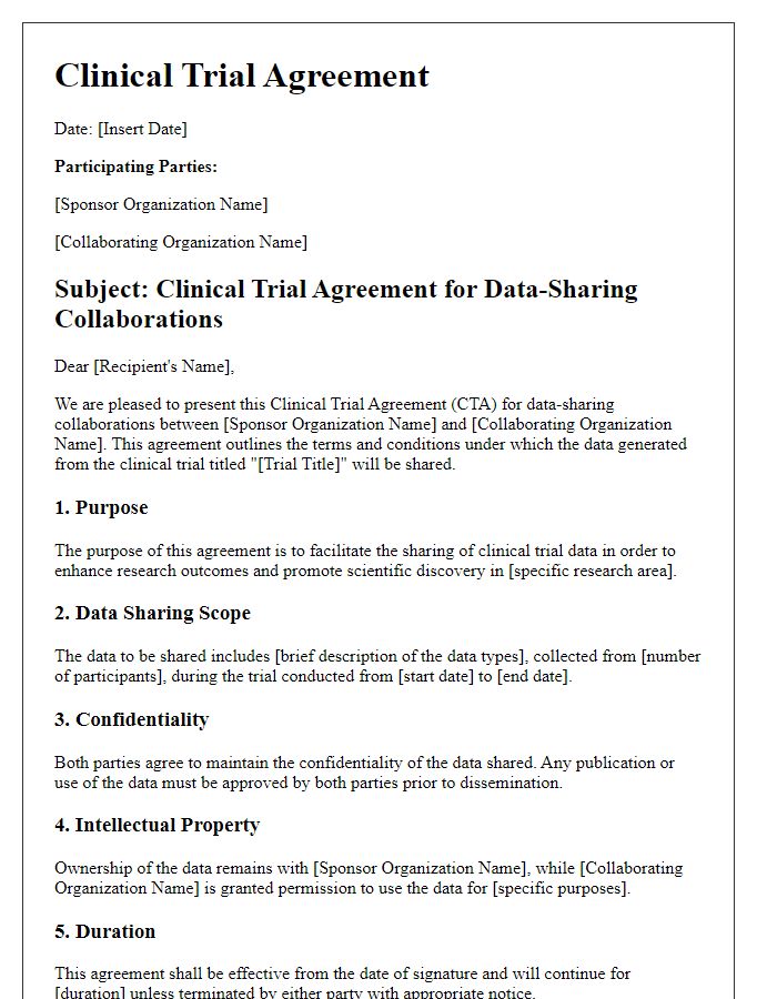 Letter template of clinical trial agreement for data-sharing collaborations