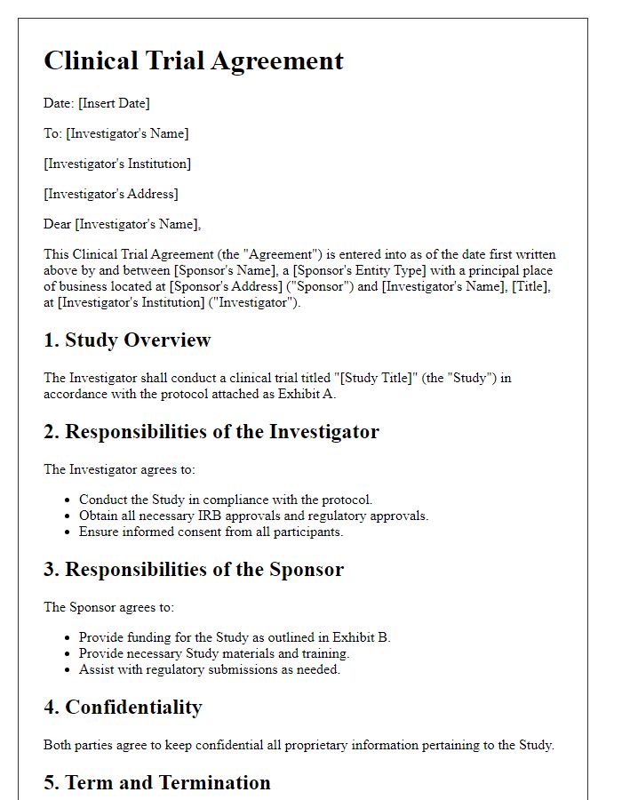 Letter template of clinical trial agreement for investigator-initiated studies