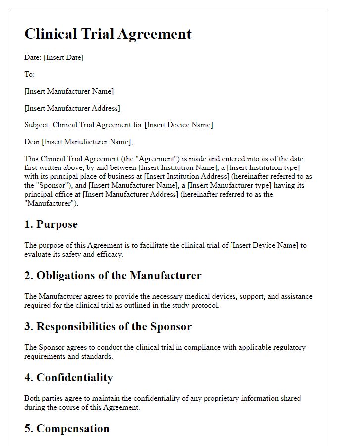 Letter template of clinical trial agreement for medical device manufacturers